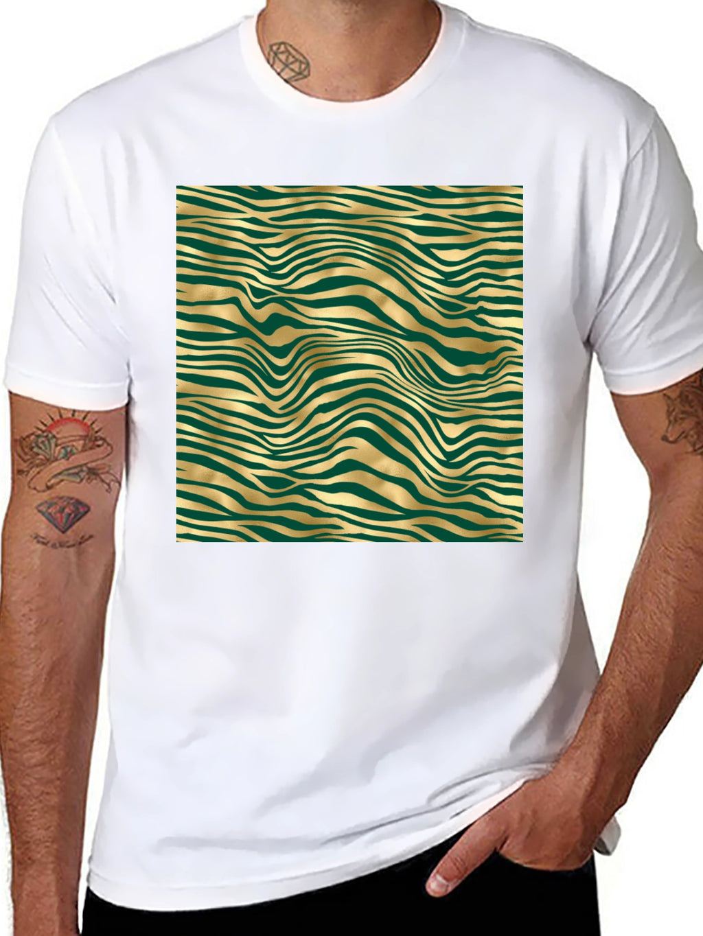 Stylish Black Tee with Abstract Gold and Green Pattern