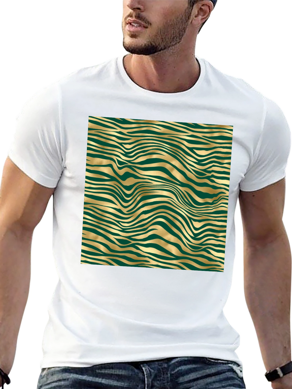 Stylish Black Tee with Abstract Gold and Green Pattern