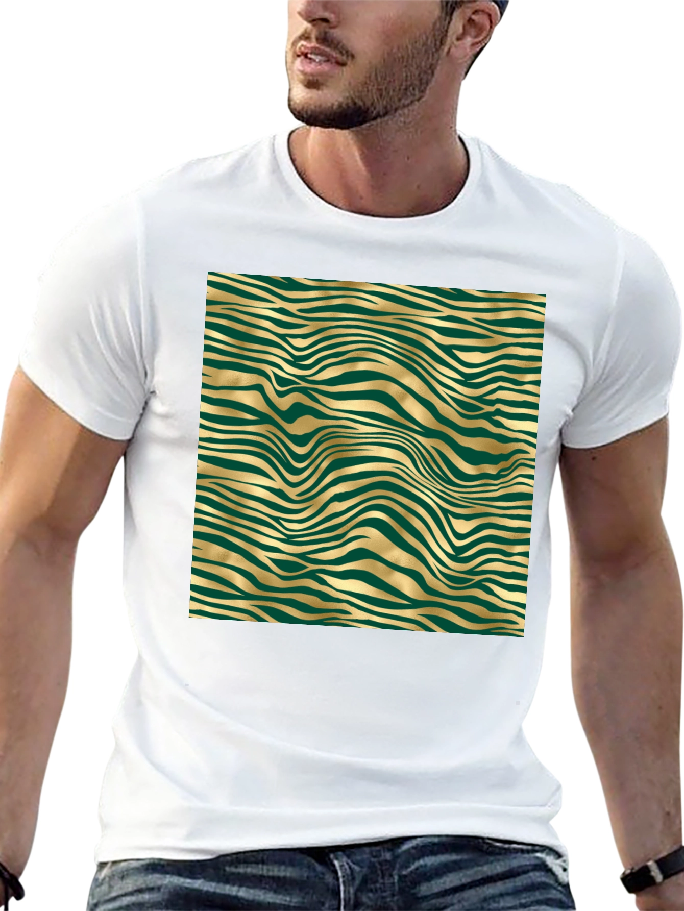 Stylish Black Tee with Abstract Gold and Green Pattern