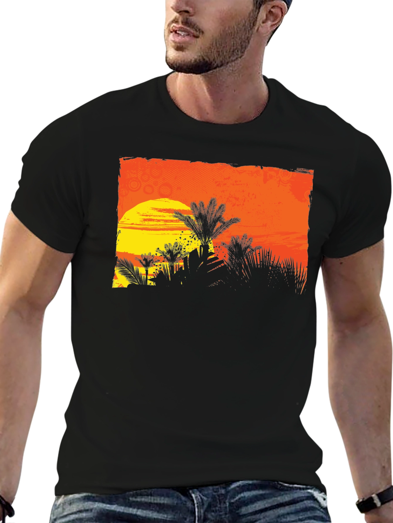 Sunset Palm Tree Graphic Tee - Black