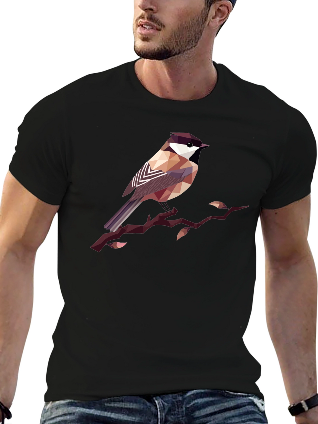 Geometric Bird Print Black T-Shirt