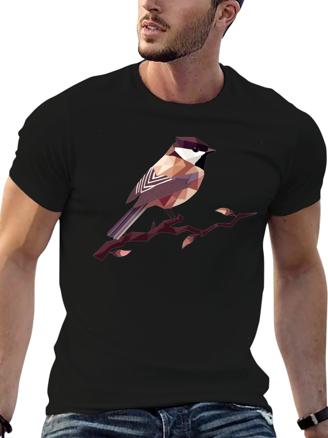 Geometric Bird Print Black T-Shirt
