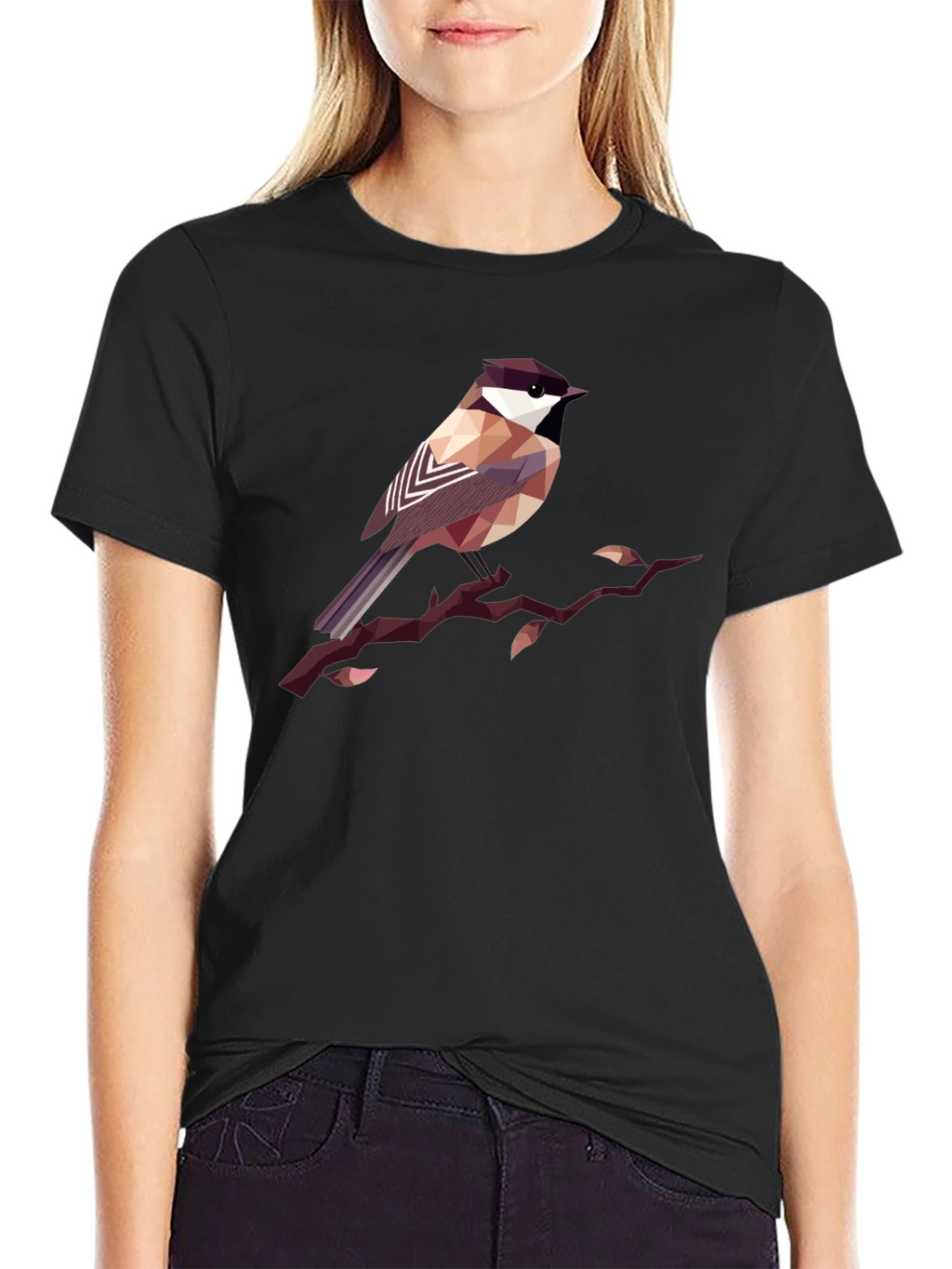 Geometric Bird Print Black T-Shirt