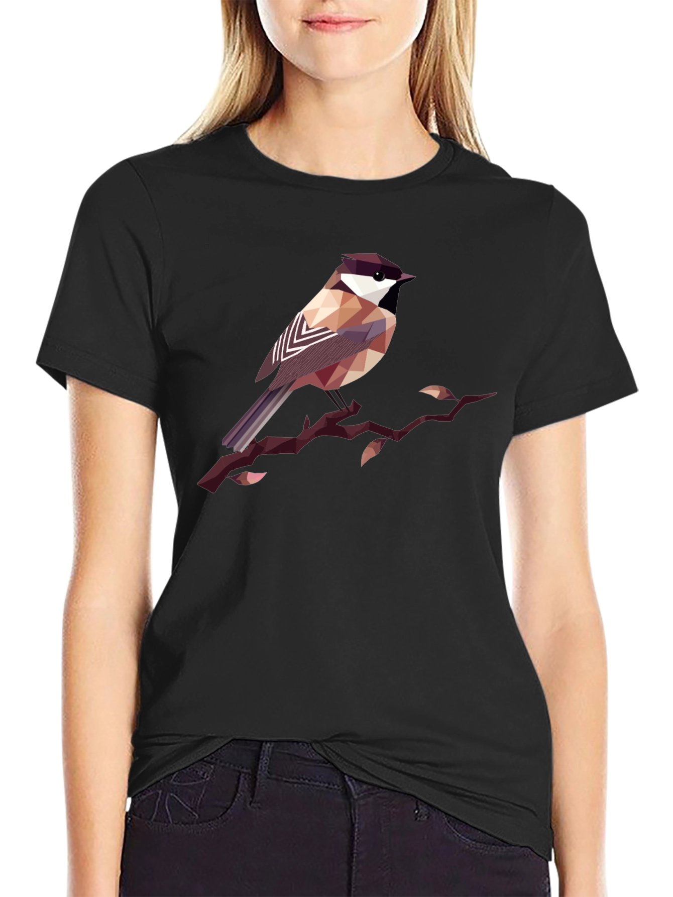 Geometric Bird Print Black T-Shirt