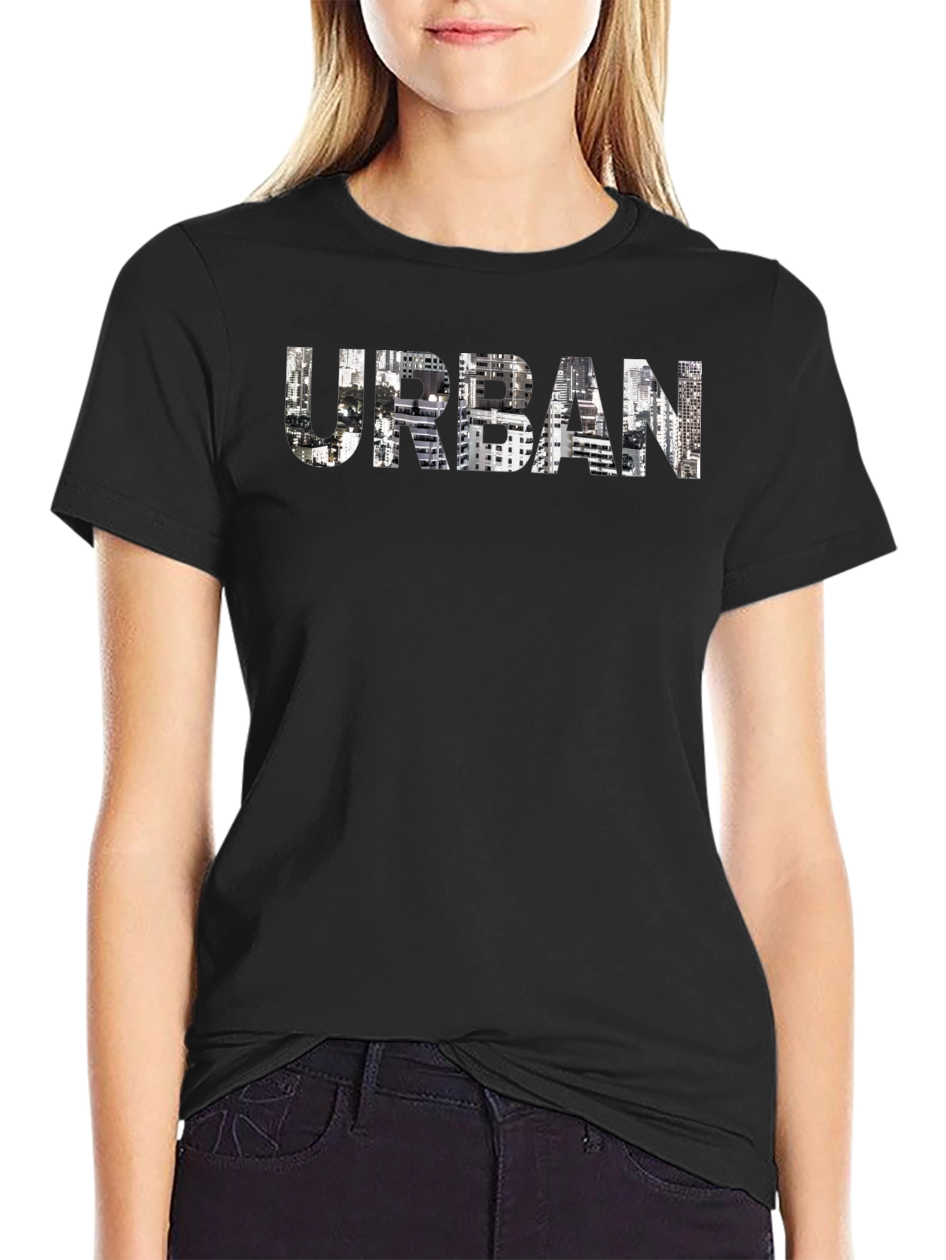 Urban Cityscape Graphic Print Black T-Shirt