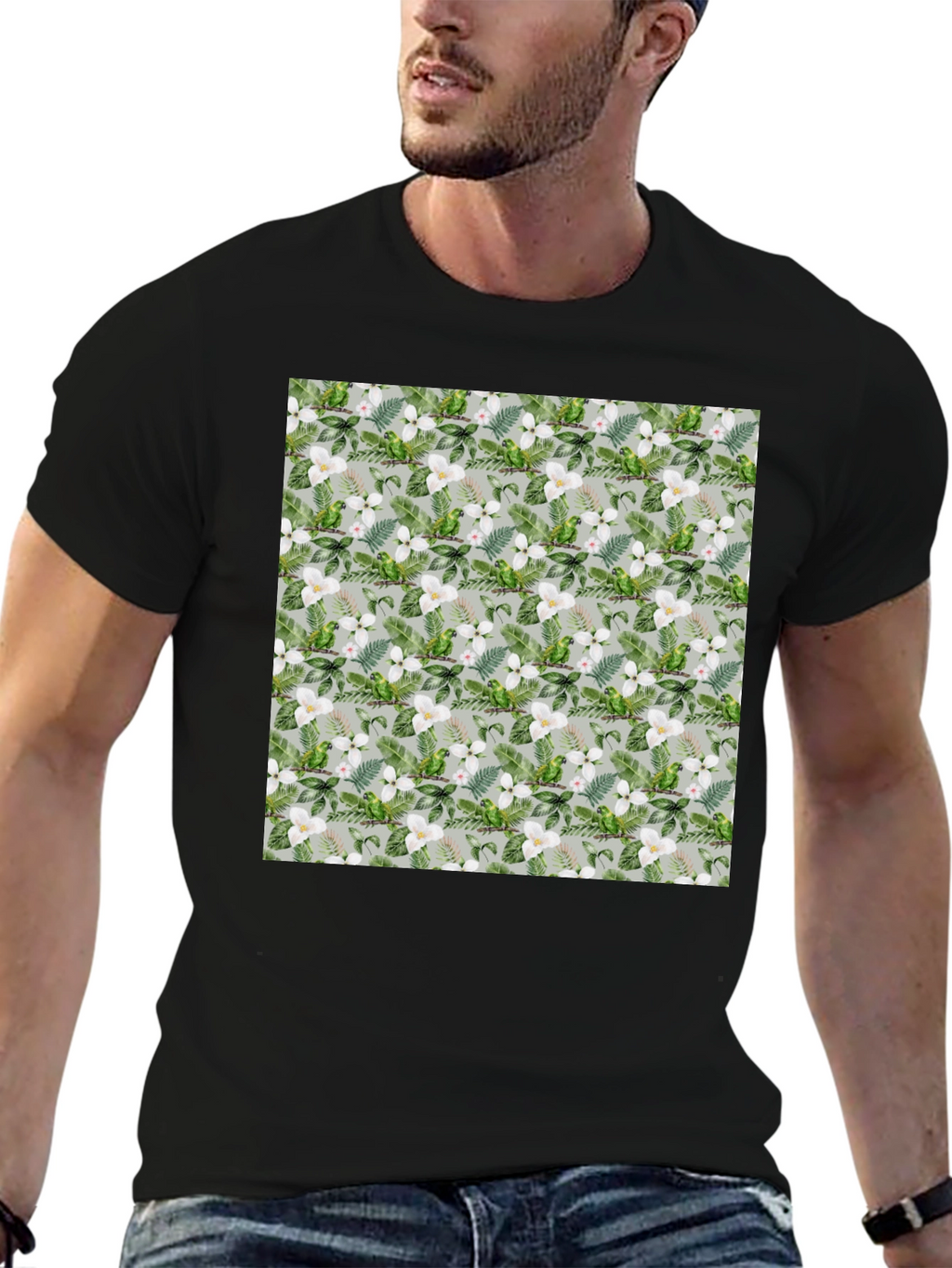 Tropical Floral Parrot Print Black T-Shirt
