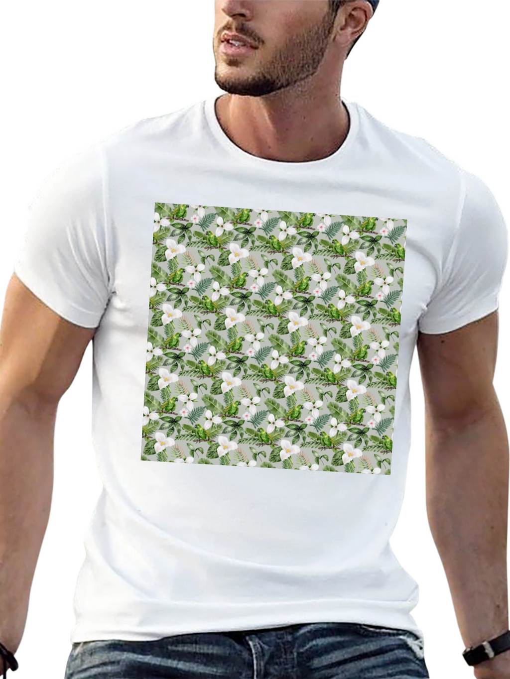 Tropical Floral Parrot Print Black T-Shirt