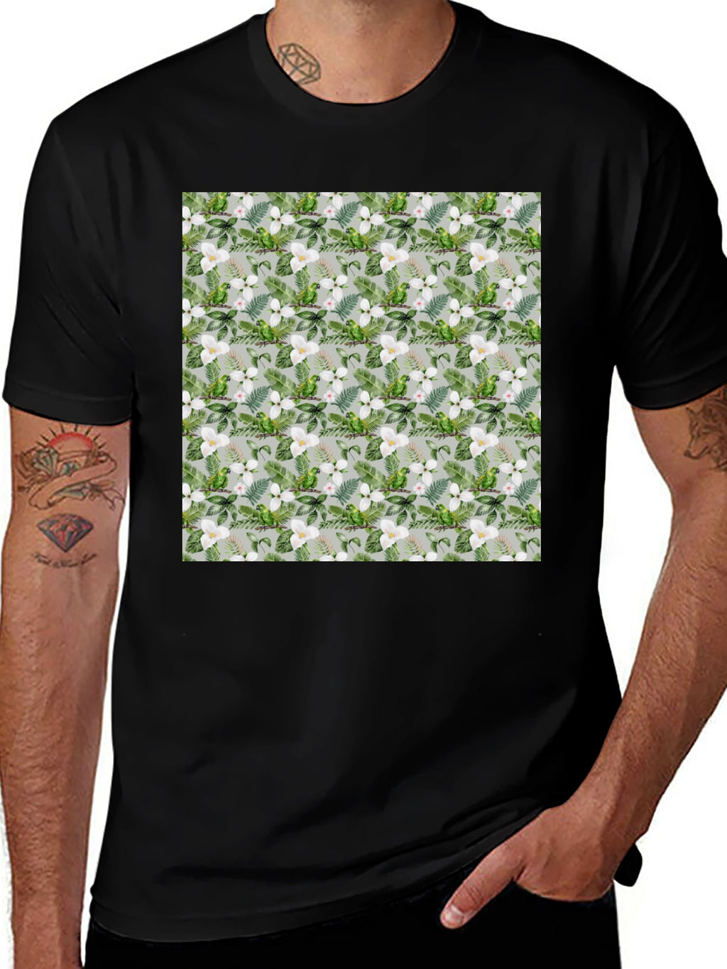 Tropical Floral Parrot Print Black T-Shirt