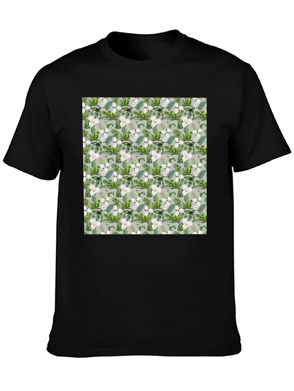 Tropical Floral Parrot Print Black T-Shirt