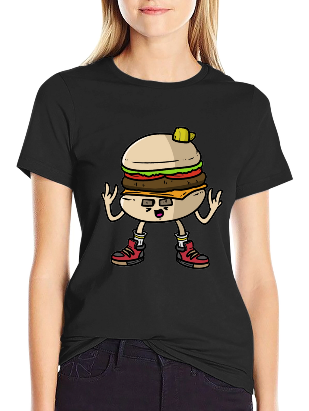 Burger Cartoon Graphic Tee - Black Cotton T-Shirt