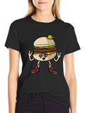 Burger Cartoon Graphic Tee - Black Cotton T-Shirt