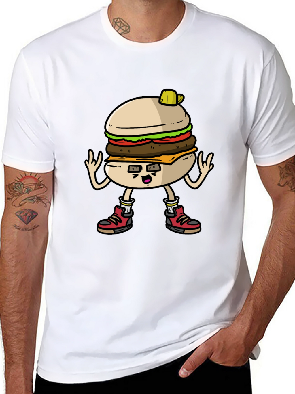 Burger Cartoon Graphic Tee - Black Cotton T-Shirt