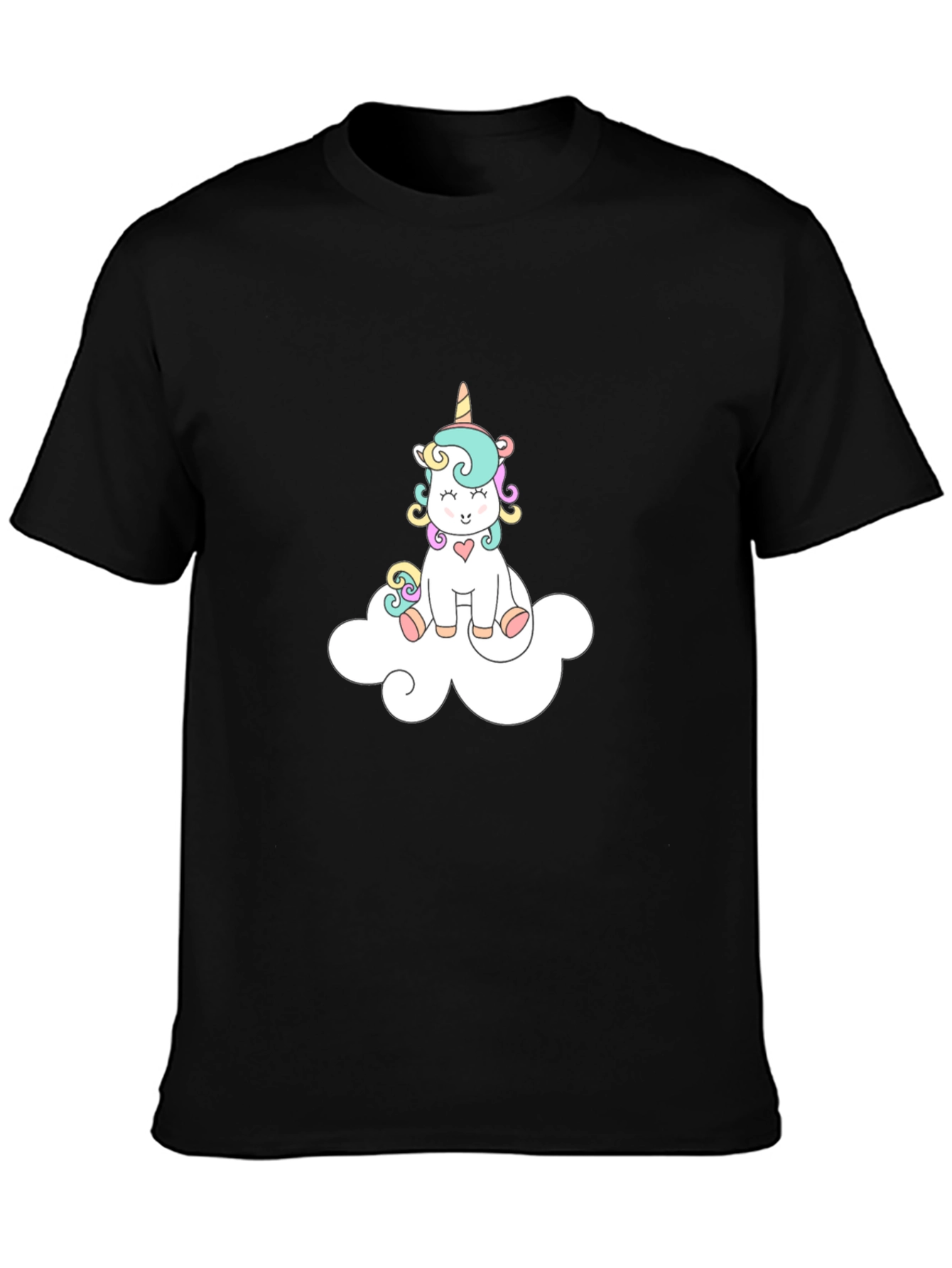 Cute Unicorn On Cloud Black T-Shirt