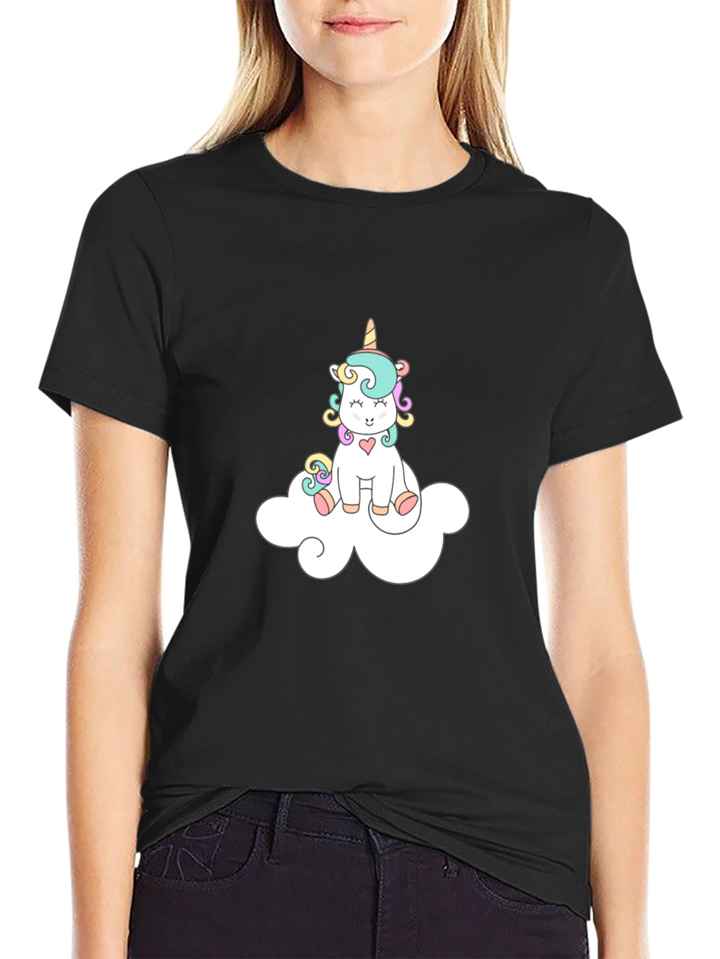 Cute Unicorn On Cloud Black T-Shirt
