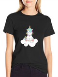Cute Unicorn On Cloud Black T-Shirt