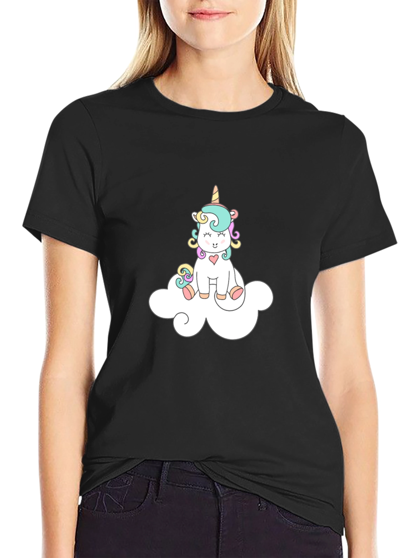 Cute Unicorn On Cloud Black T-Shirt
