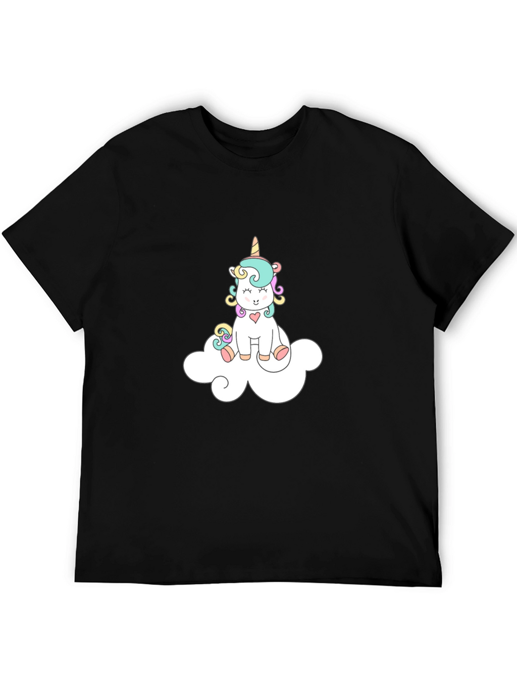 Cute Unicorn On Cloud Black T-Shirt