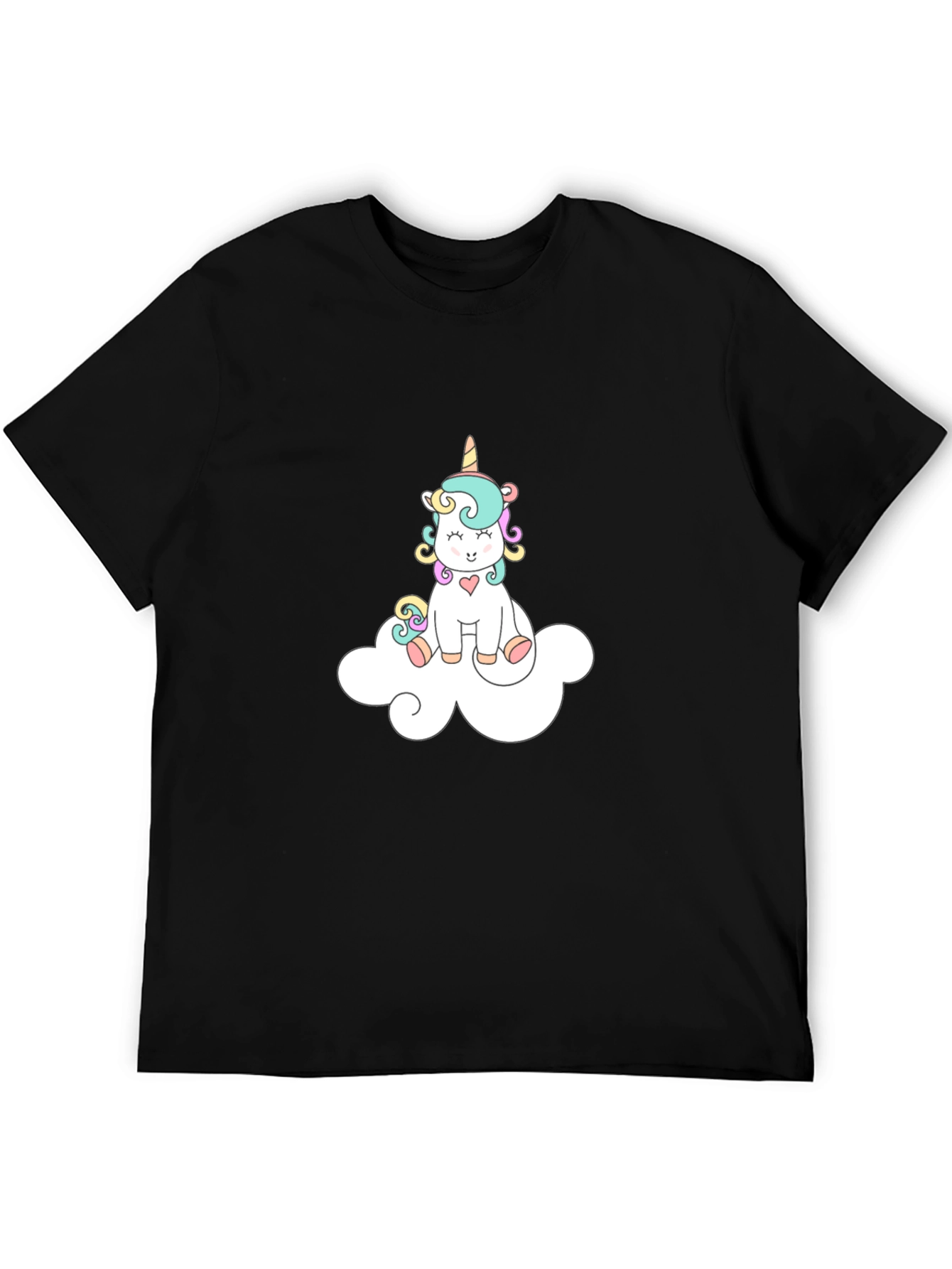 Cute Unicorn On Cloud Black T-Shirt