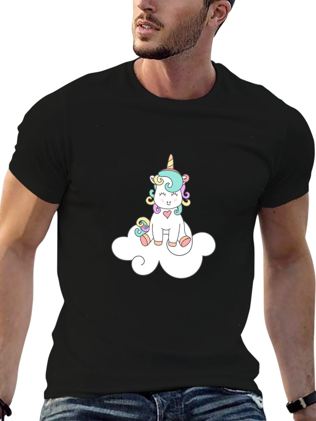 Cute Unicorn On Cloud Black T-Shirt