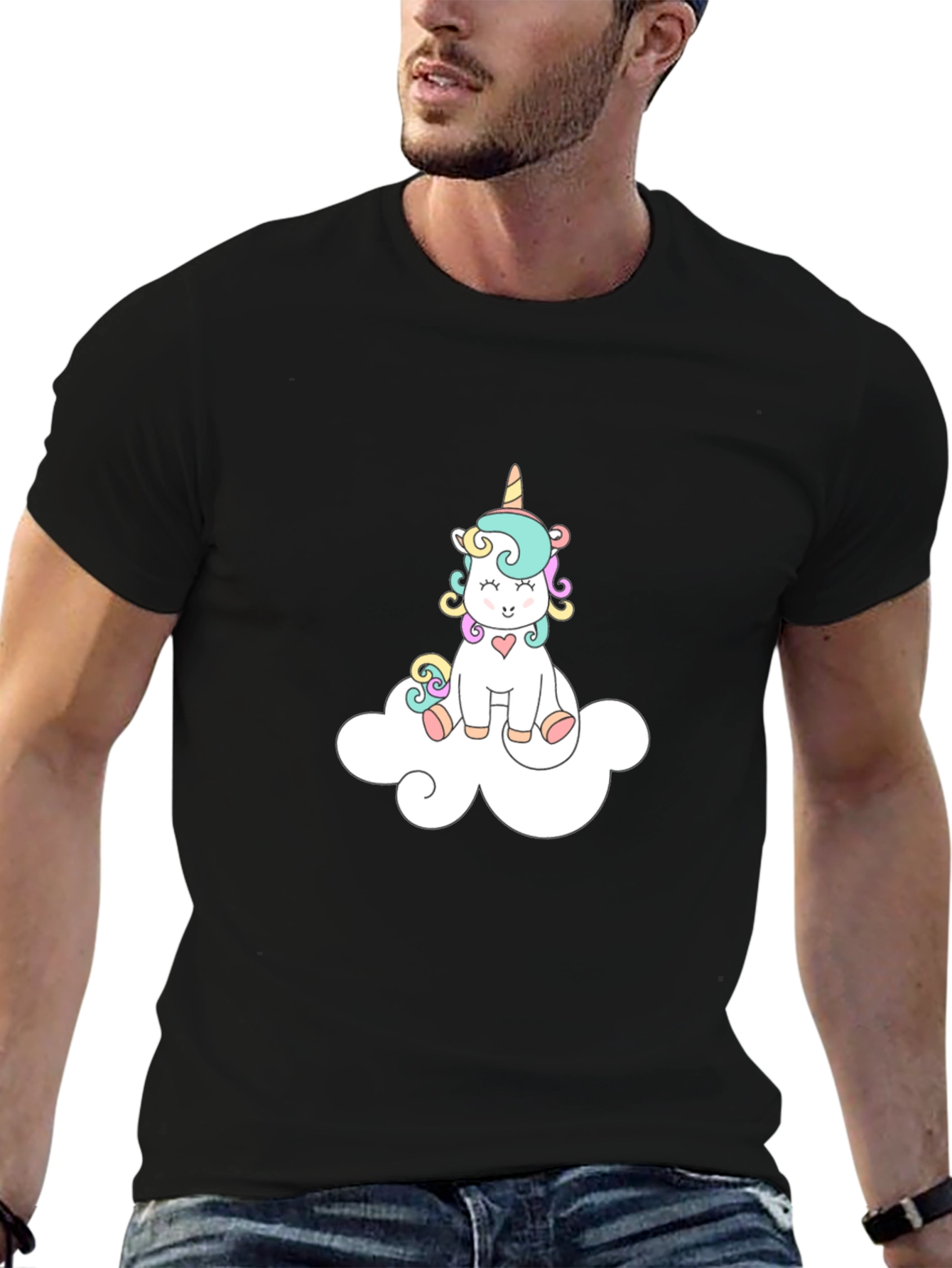 Cute Unicorn On Cloud Black T-Shirt
