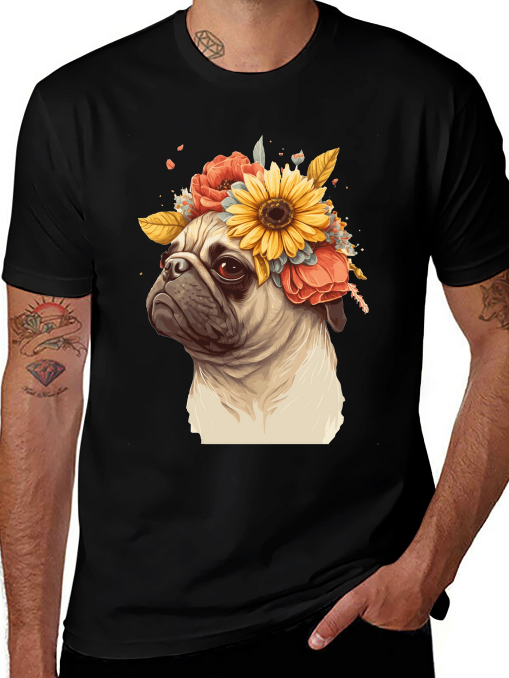 Pug with Floral Crown Graphic Tee