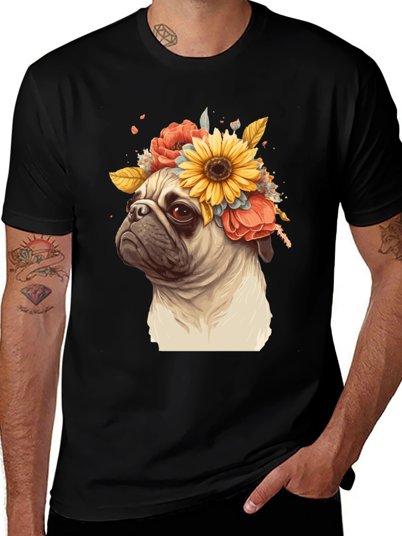 Pug with Floral Crown Graphic Tee