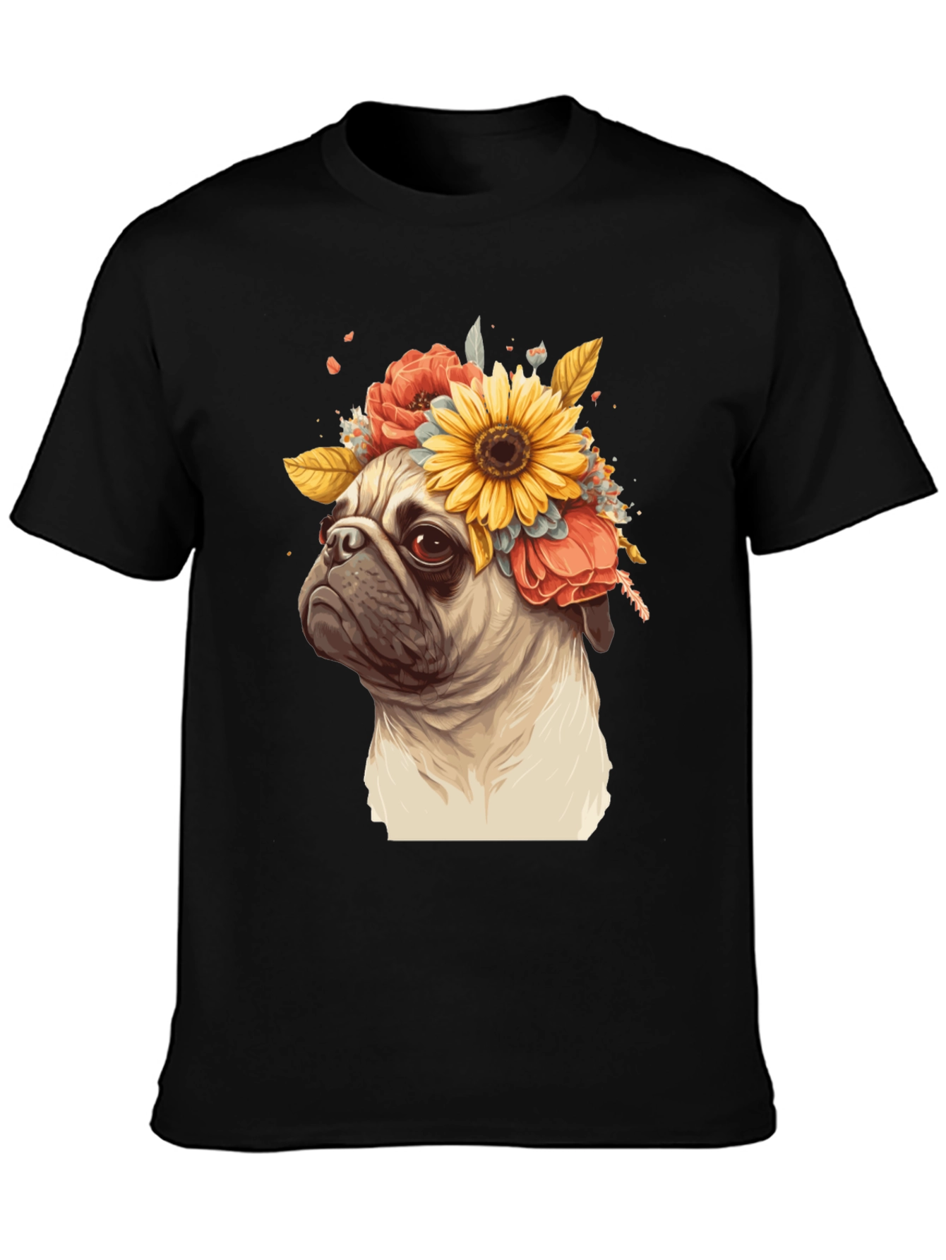 Pug with Floral Crown Graphic Tee