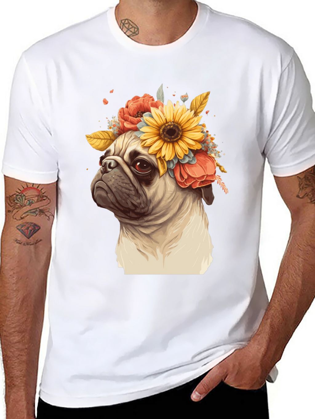 Pug with Floral Crown Graphic Tee