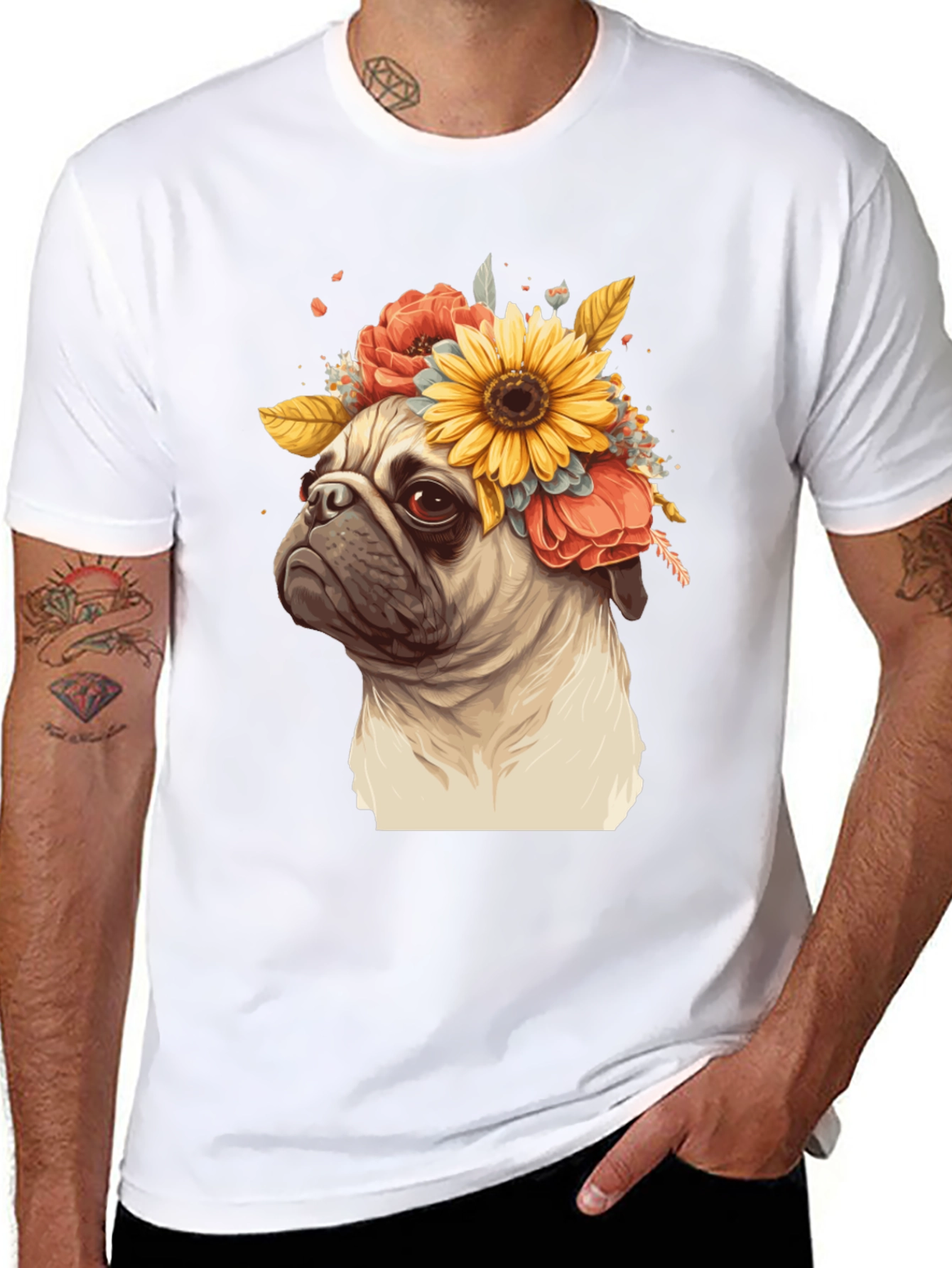 Pug with Floral Crown Graphic Tee