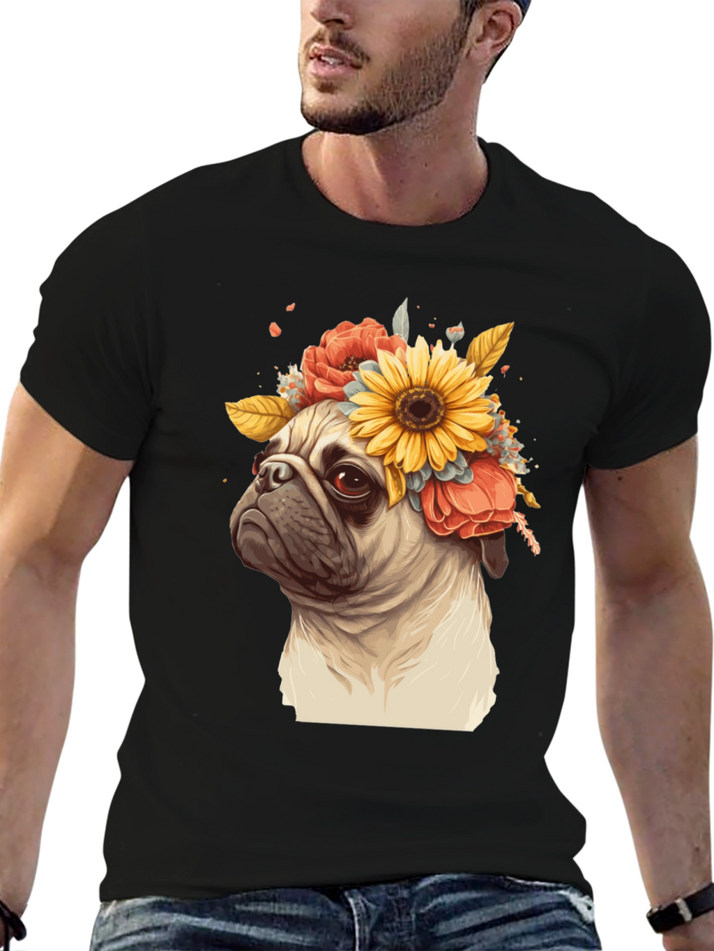 Pug with Floral Crown Graphic Tee