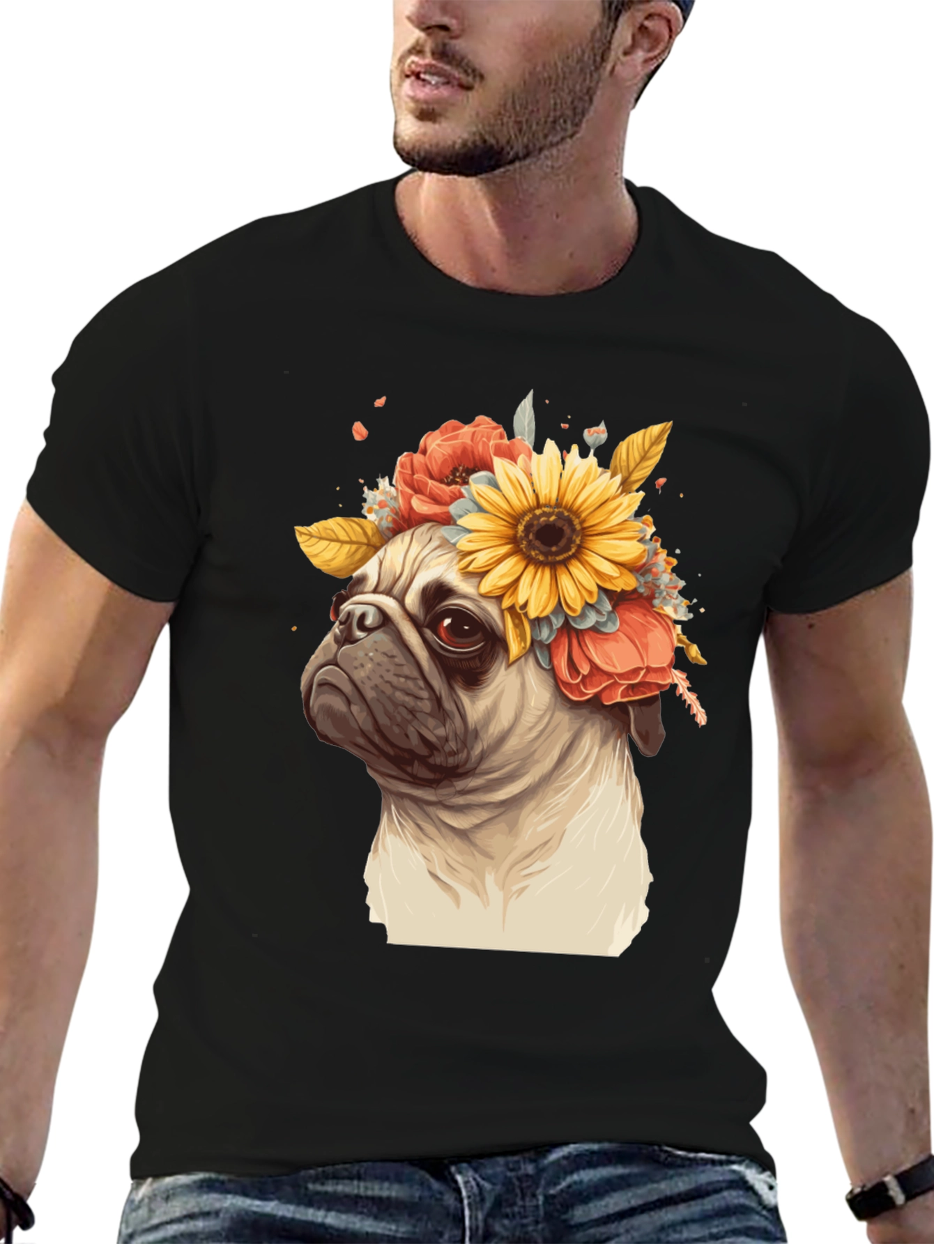 Pug with Floral Crown Graphic Tee