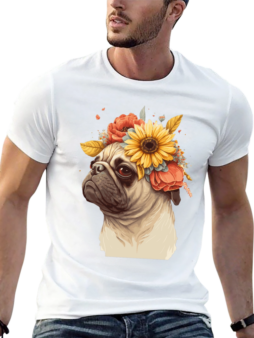 Pug with Floral Crown Graphic Tee