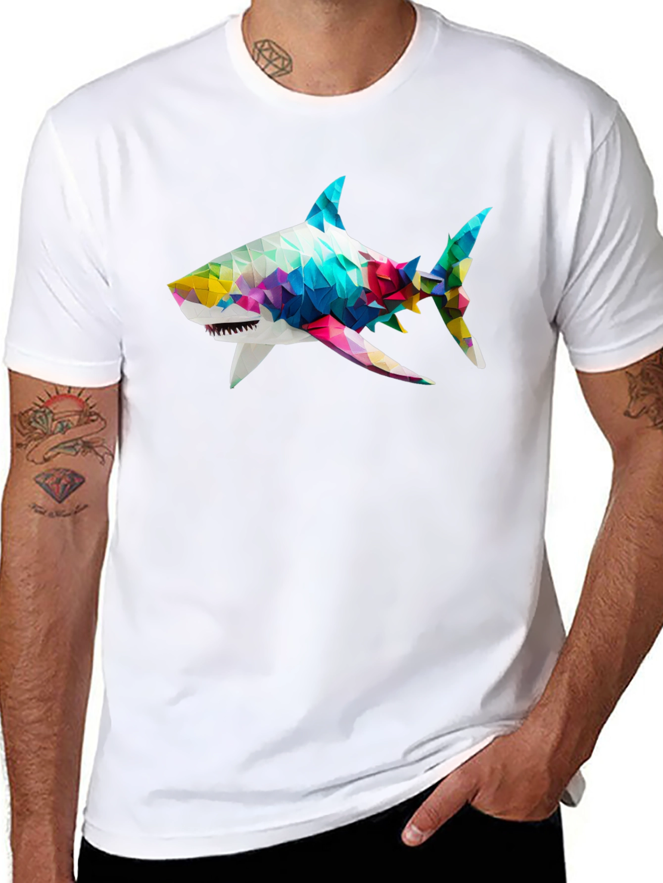 Geometric Shark Graphic Tee - Black Cotton Blend