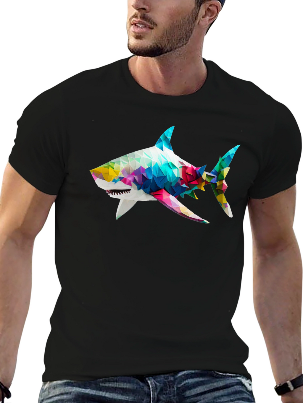Geometric Shark Graphic Tee - Black Cotton Blend