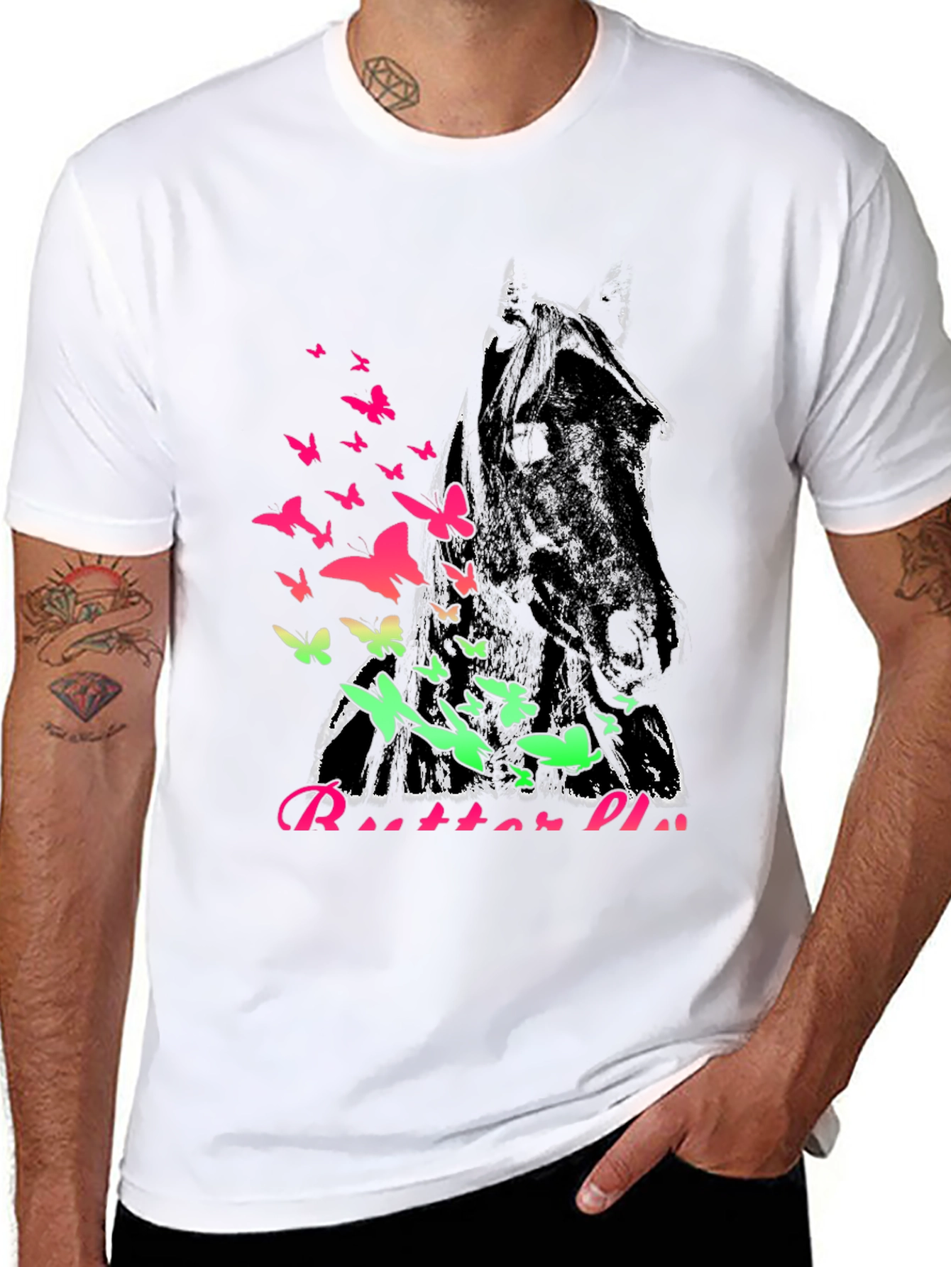 Horse & Butterflies Graphic Black T-Shirt