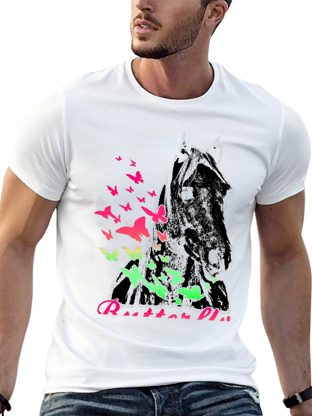 Horse & Butterflies Graphic Black T-Shirt