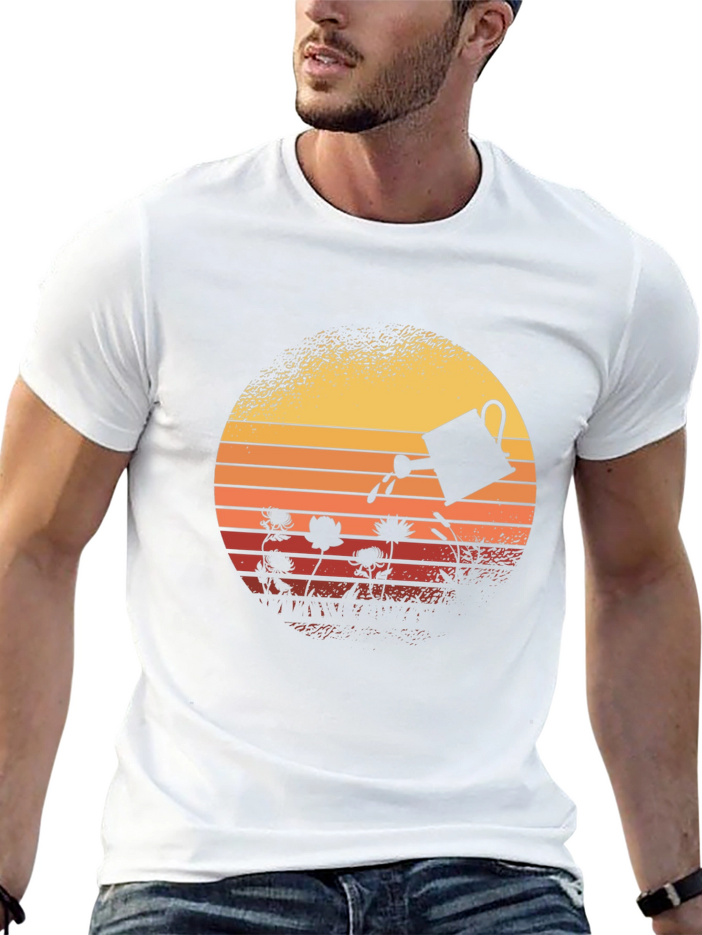 Retro Gardening T-Shirt - Watering Can Sunset Design