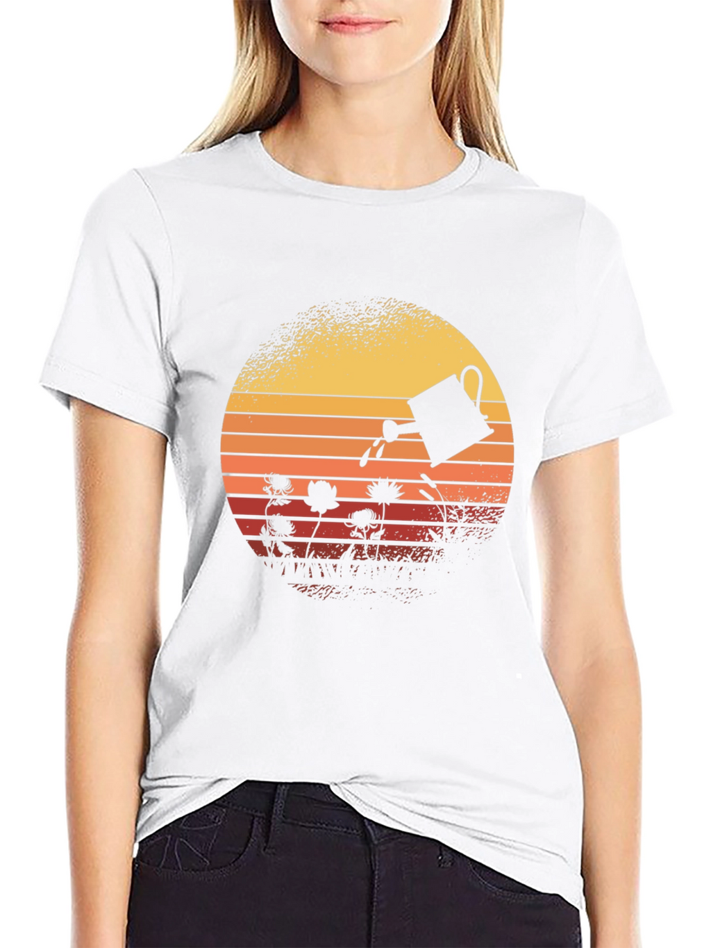 Retro Gardening T-Shirt - Watering Can Sunset Design