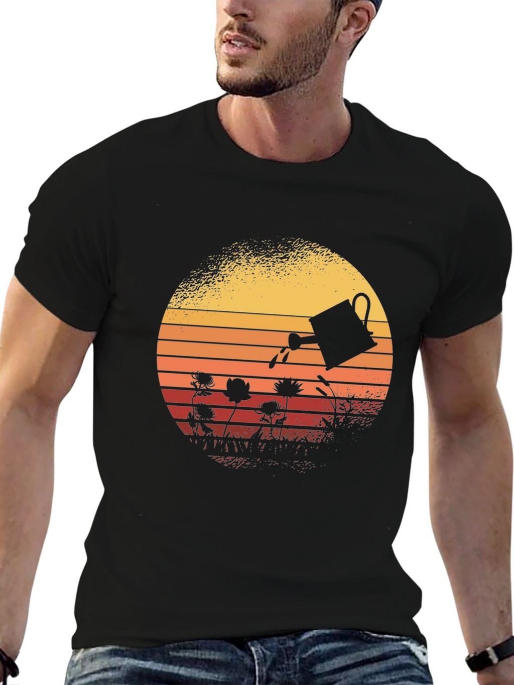 Retro Gardening T-Shirt - Watering Can Sunset Design