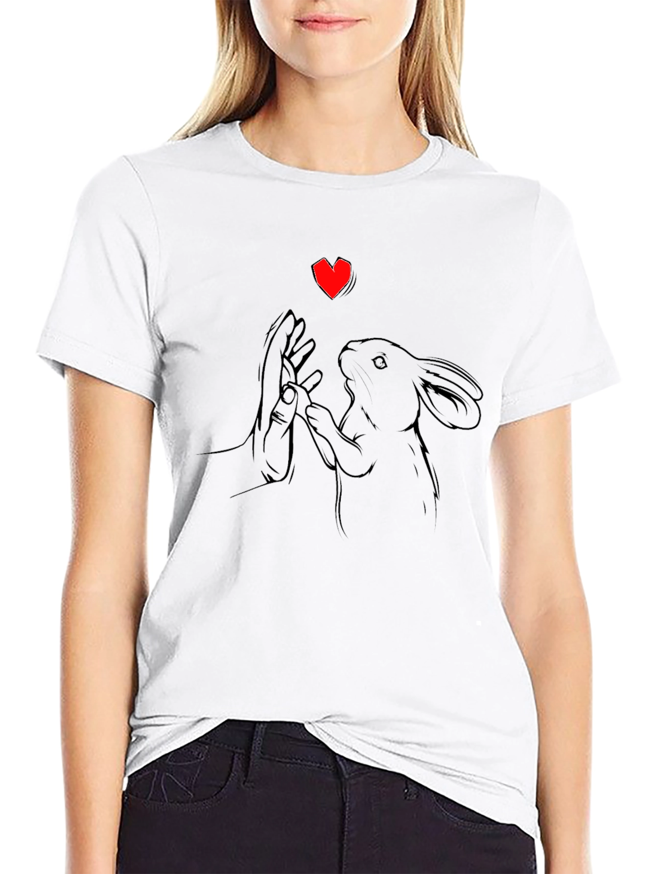 Heart Rabbit Graphic Tee - Black Cotton T-Shirt