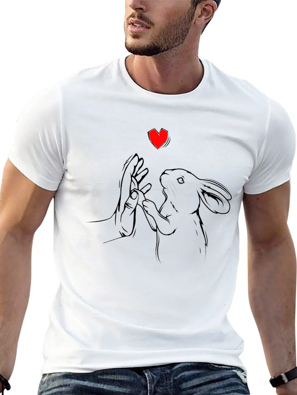 Heart Rabbit Graphic Tee - Black Cotton T-Shirt