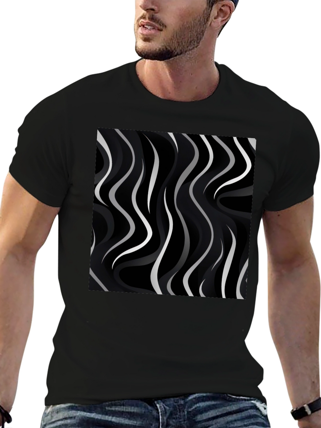 Abstract Wave Pattern Black Tee - Modern Graphic Shirt