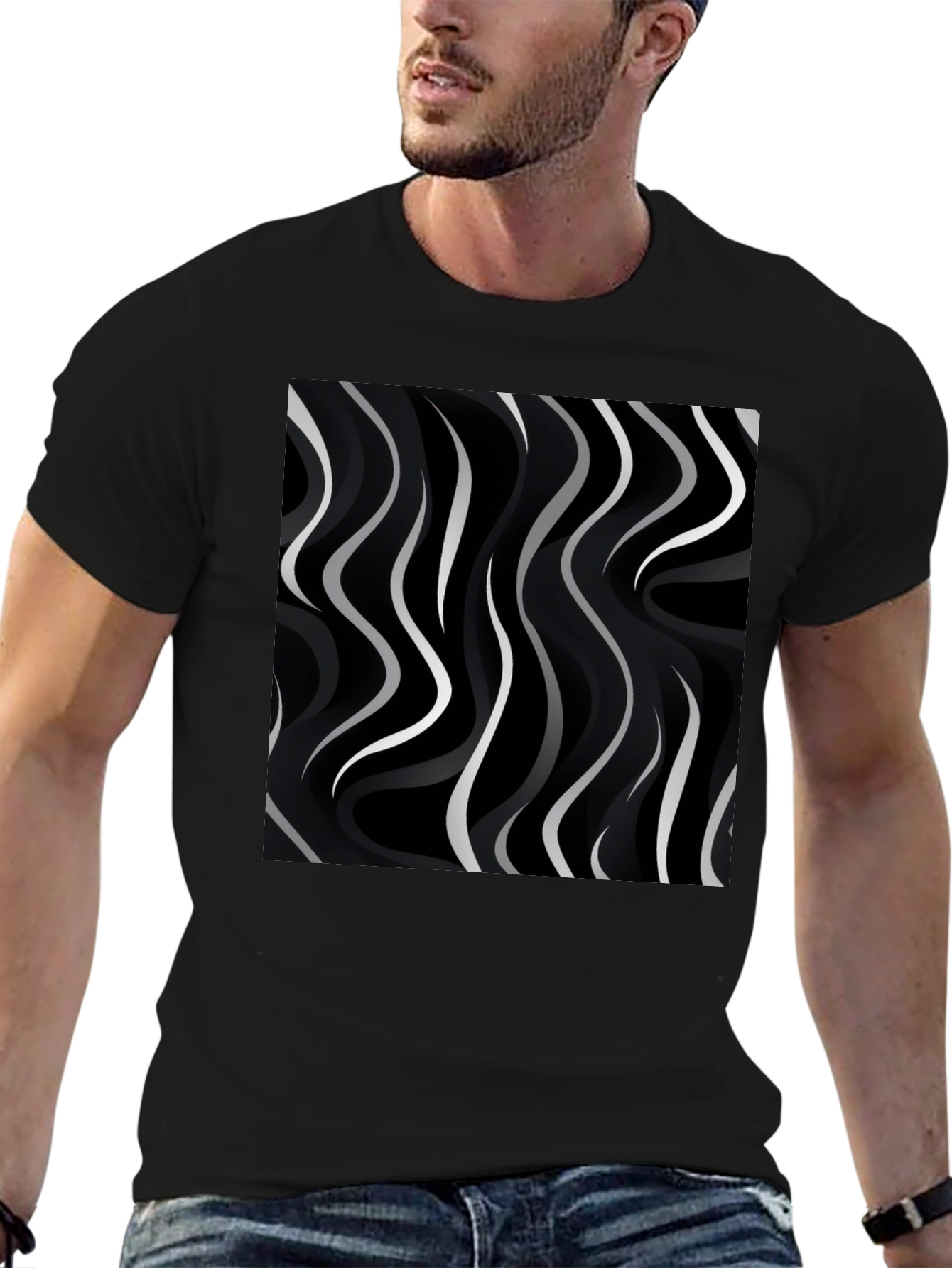 Abstract Wave Pattern Black Tee - Modern Graphic Shirt