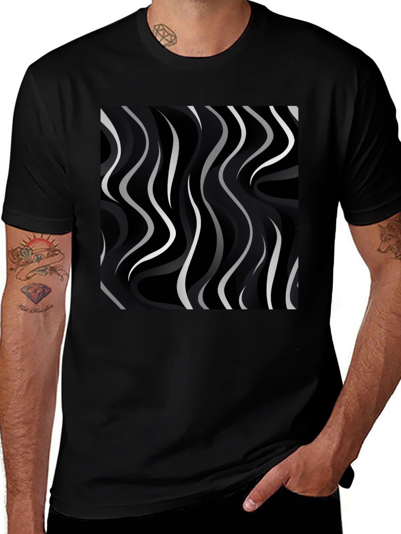 Abstract Wave Pattern Black Tee - Modern Graphic Shirt
