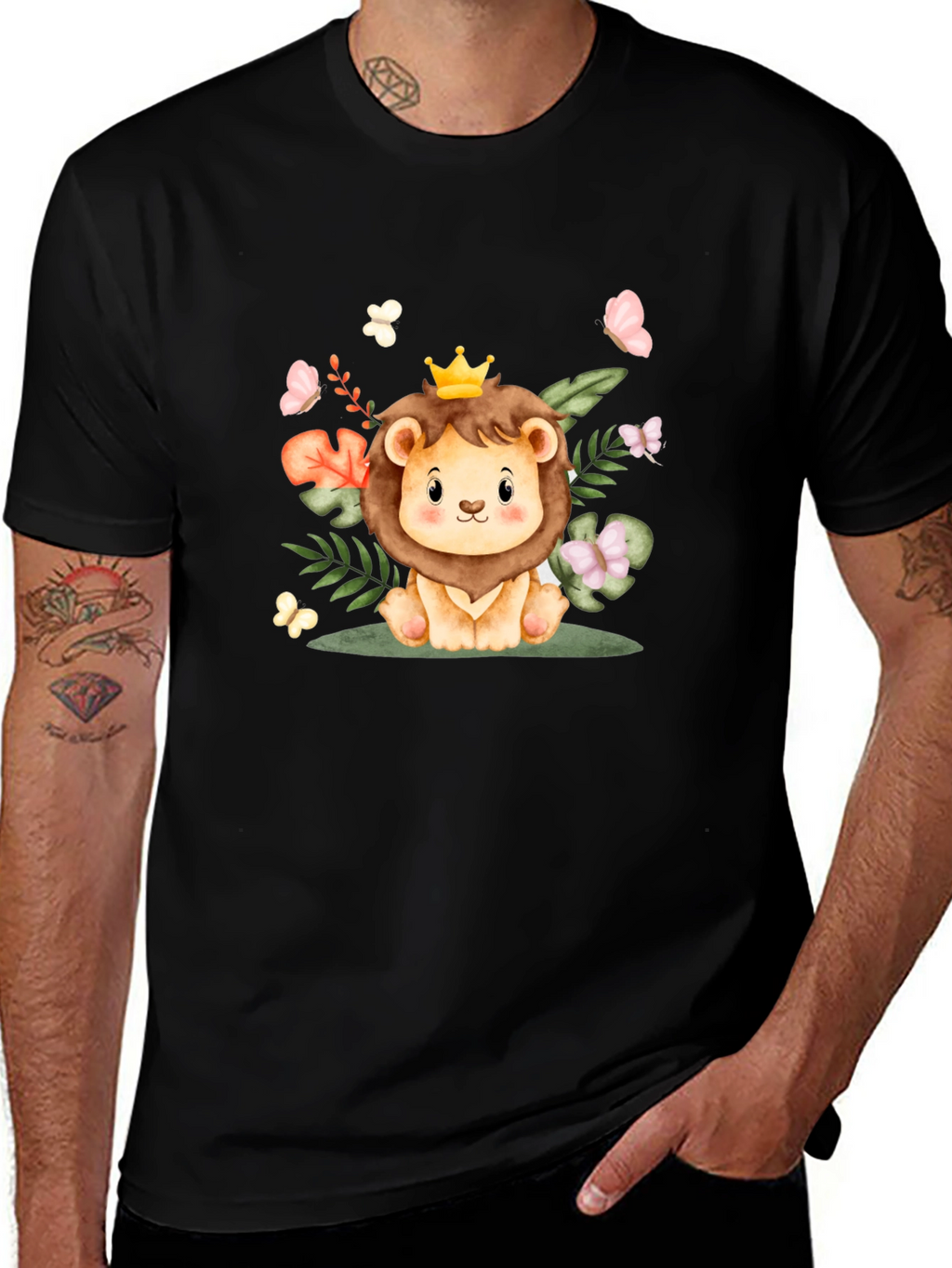 Cute Lion King Graphic Tee - Black Cotton Blend
