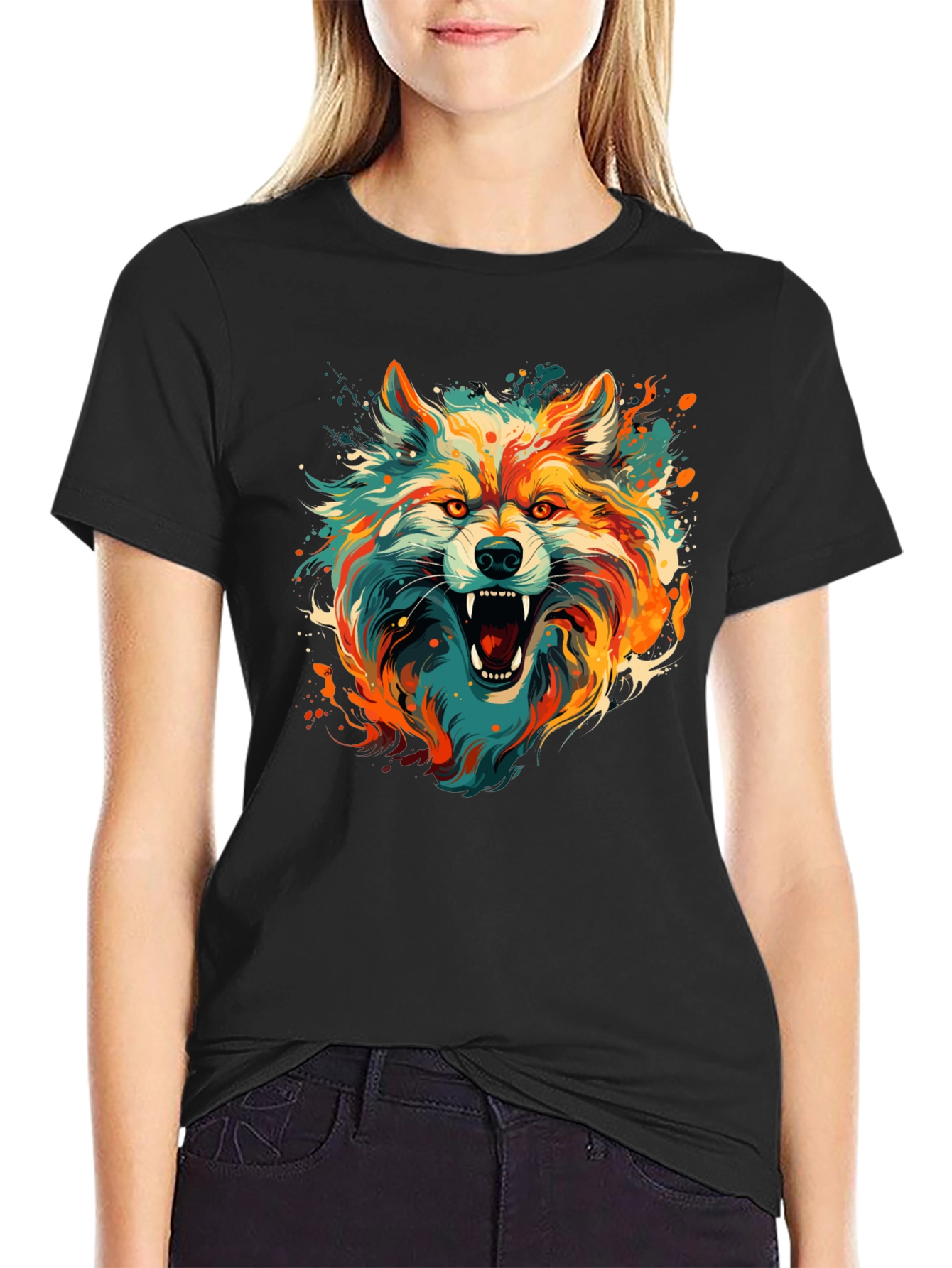 Colorful Wolf Graphic Black T-Shirt