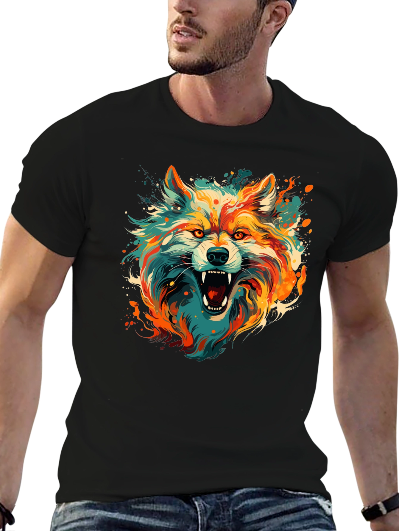 Colorful Wolf Graphic Black T-Shirt