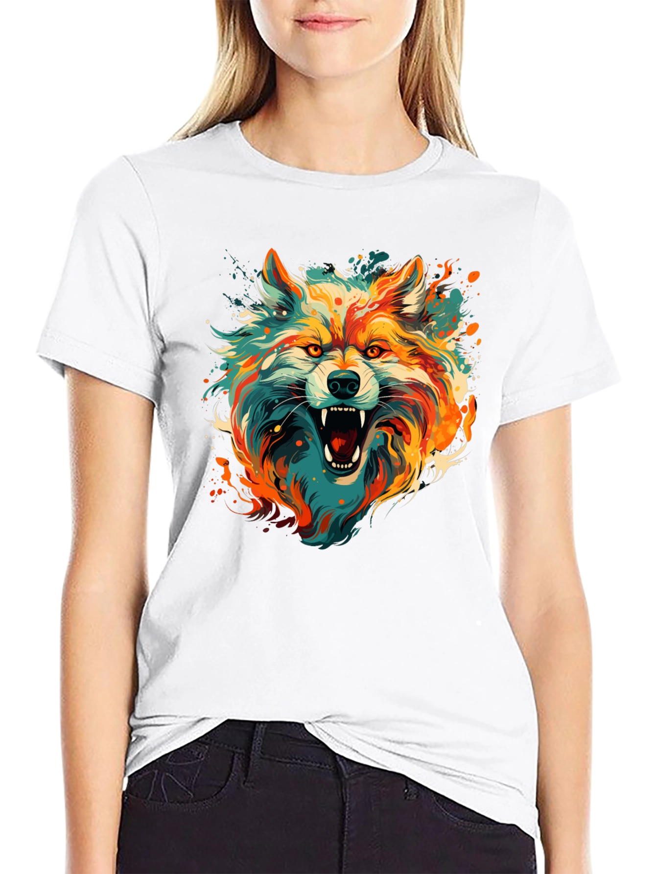 Colorful Wolf Graphic Black T-Shirt