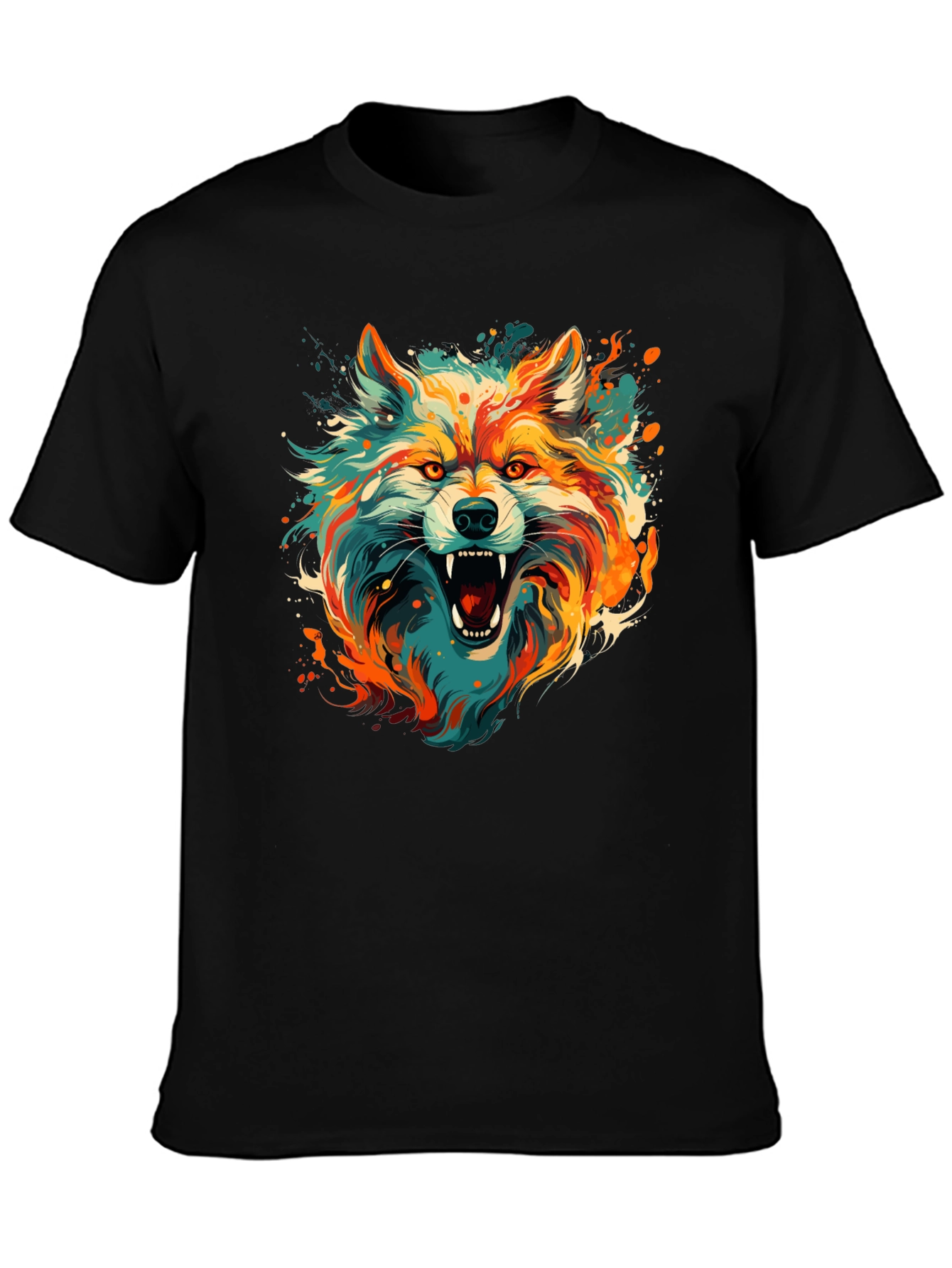Colorful Wolf Graphic Black T-Shirt