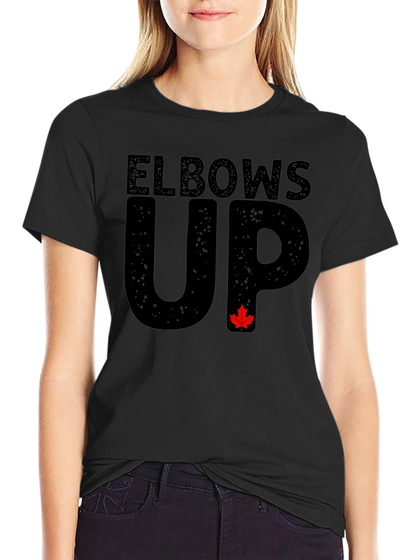 Elbows Up Black T-Shirt with Maple Leaf Accent
